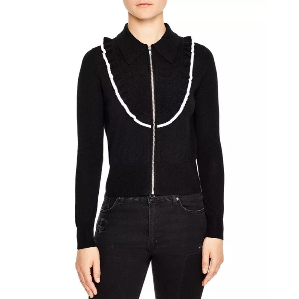 Sandro Paris Tao Ruffled Zip Up Cardigan Womens Size 3 US L Wool Romantic Luxe